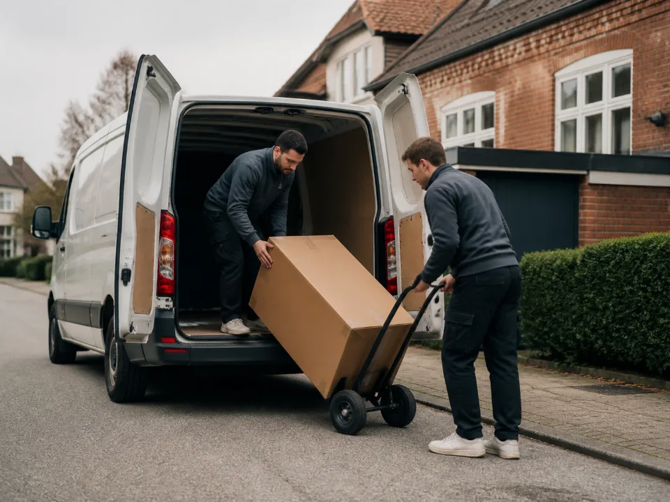 Flyttefolk læsser en kasse ved en varevogn.