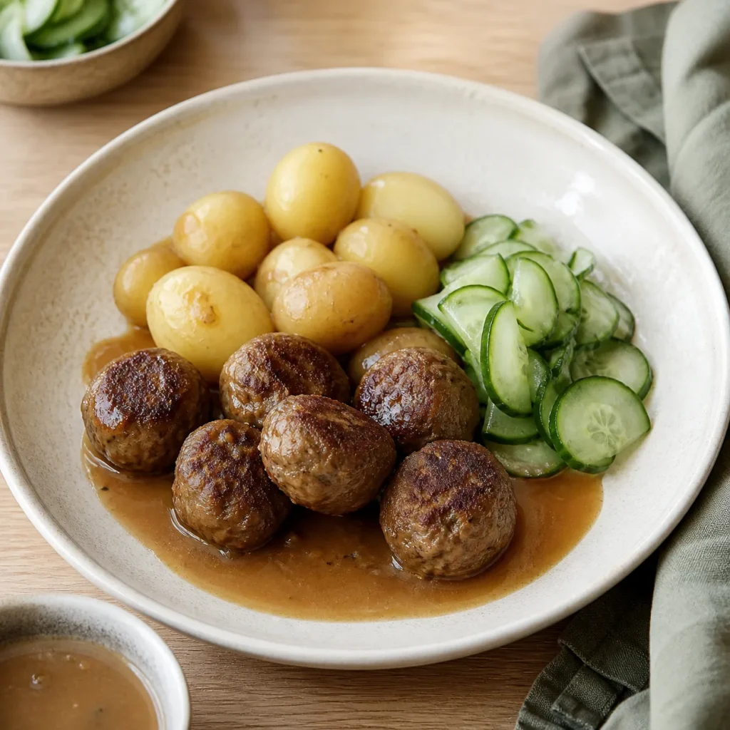 Frikadeller med kogte kartofler, brun sovs og agurkesalat på en lys tallerken.