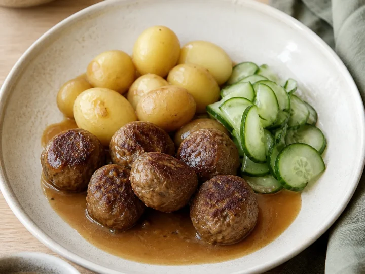 Frikadeller med kogte kartofler, brun sovs og agurkesalat på en lys tallerken.