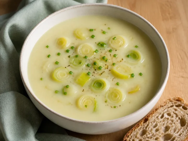 Cremet kartoffel-porresuppe med porre og purløg i en lys skål.