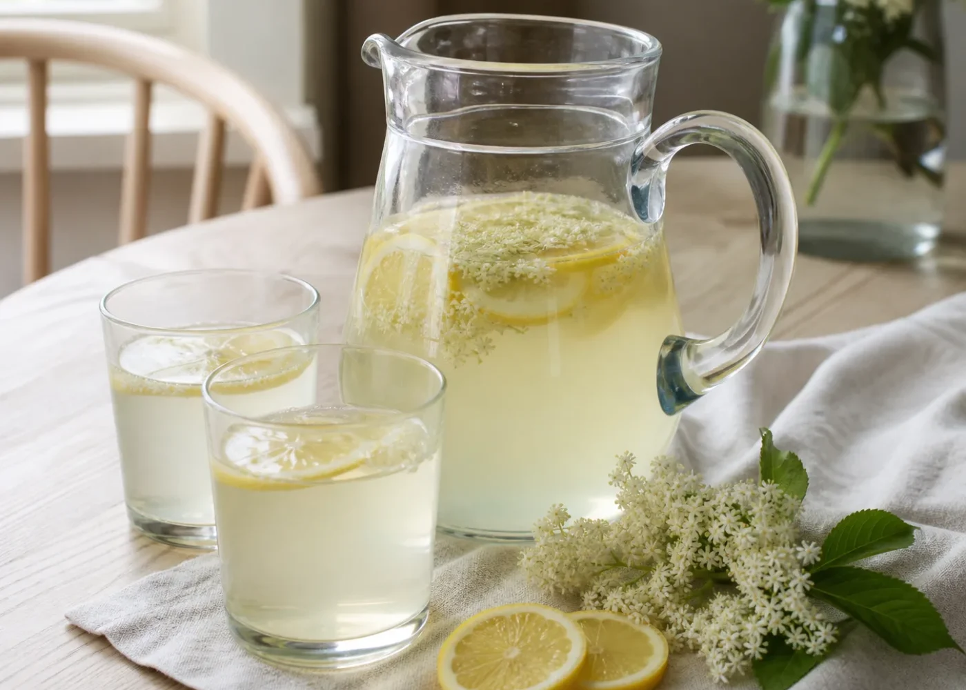 Kande med lys hyldeblomstsaft, citron og hyldeblomster.