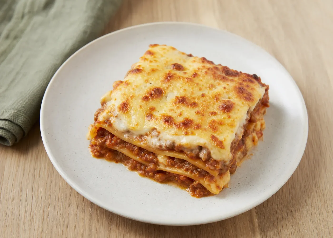 Et stykke klassisk lasagne med kødsovs, pastaplader og gylden ost.