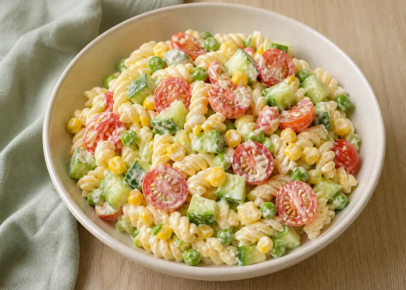 Pastasalat med agurk, tomat, majs, ærter og mild dressing.